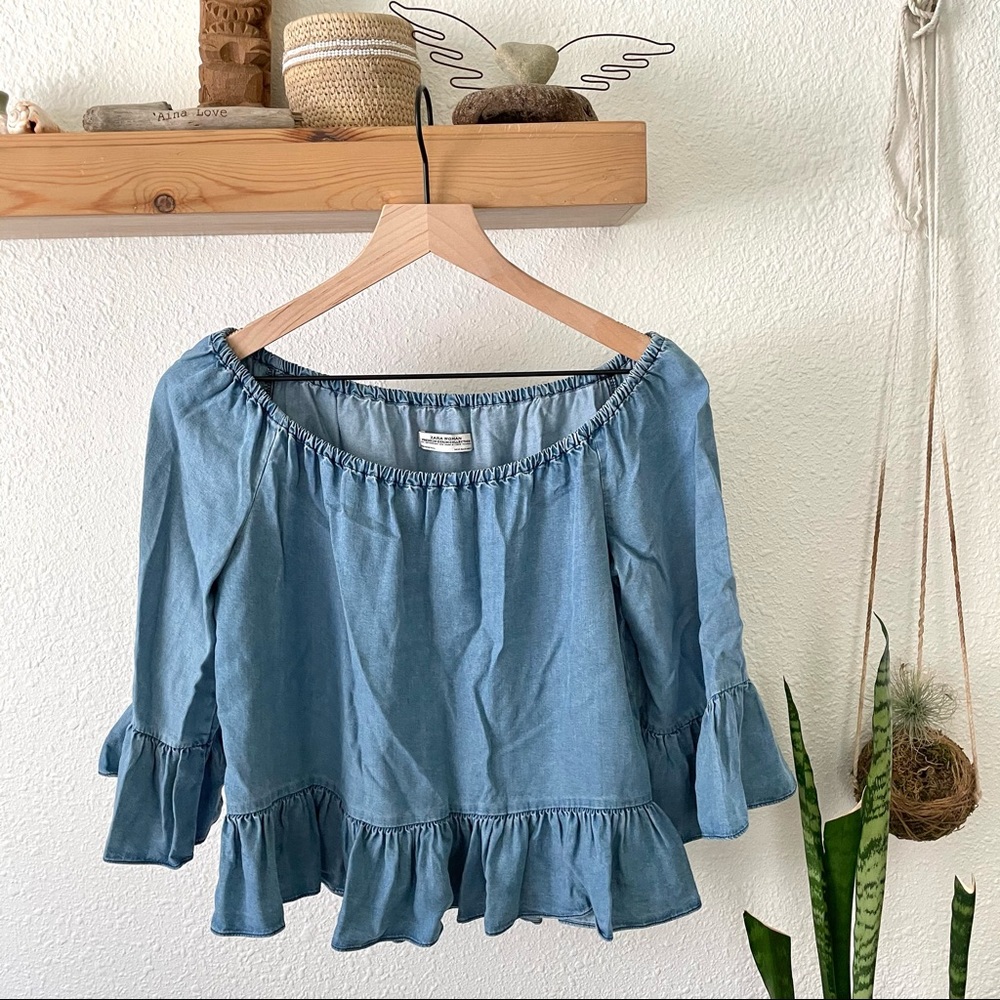 Zara peasant top blue chambray - Picture 2 of 5